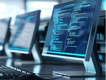 Nachaufnahme von Computerbildschirmen, auf denen Codezeilen zu sehen sind.