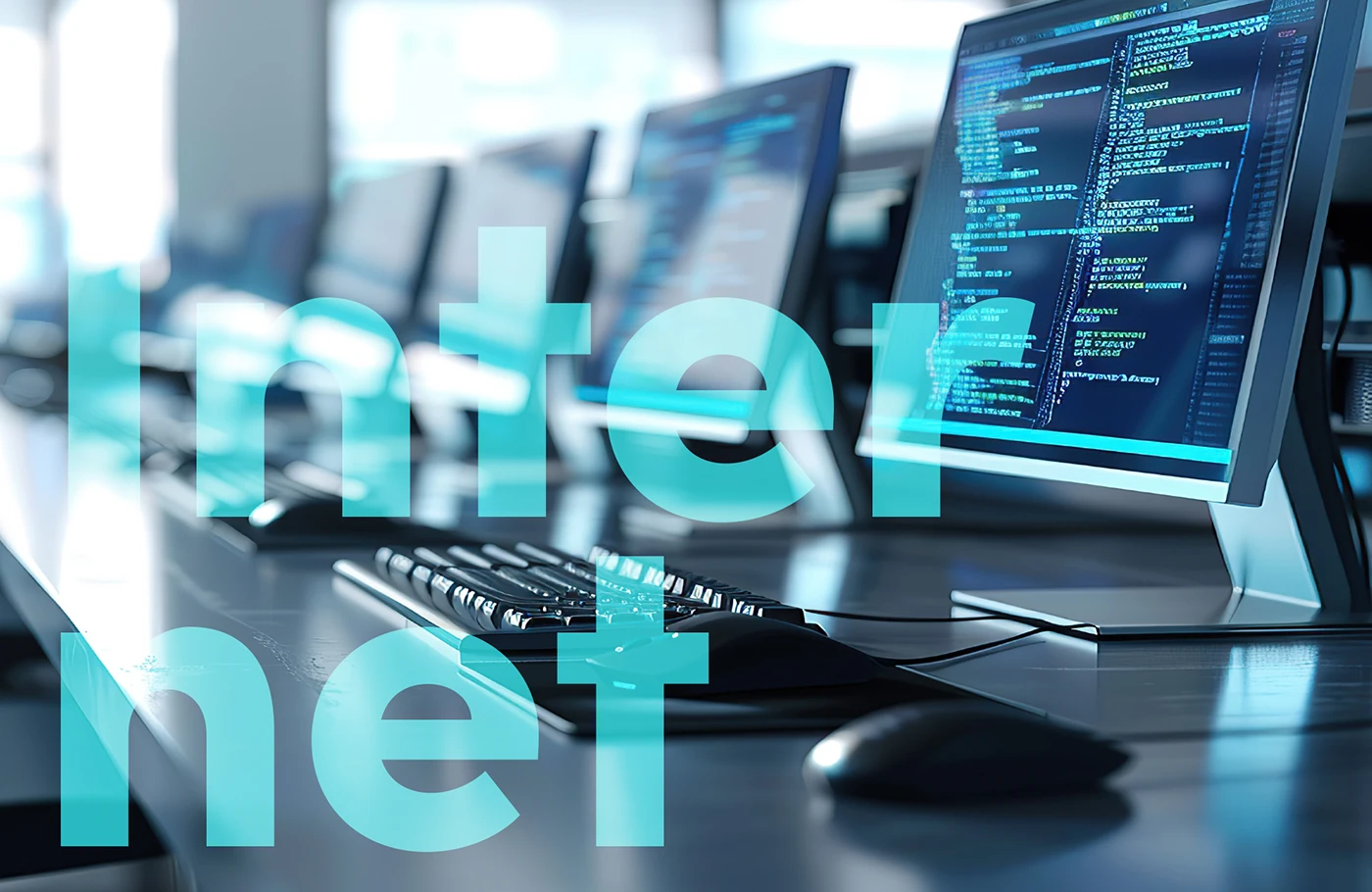 Eine Reihe von Computerbildschirmen und Tastaturen nebeneinander. Schriftzug Internet als Overlay.