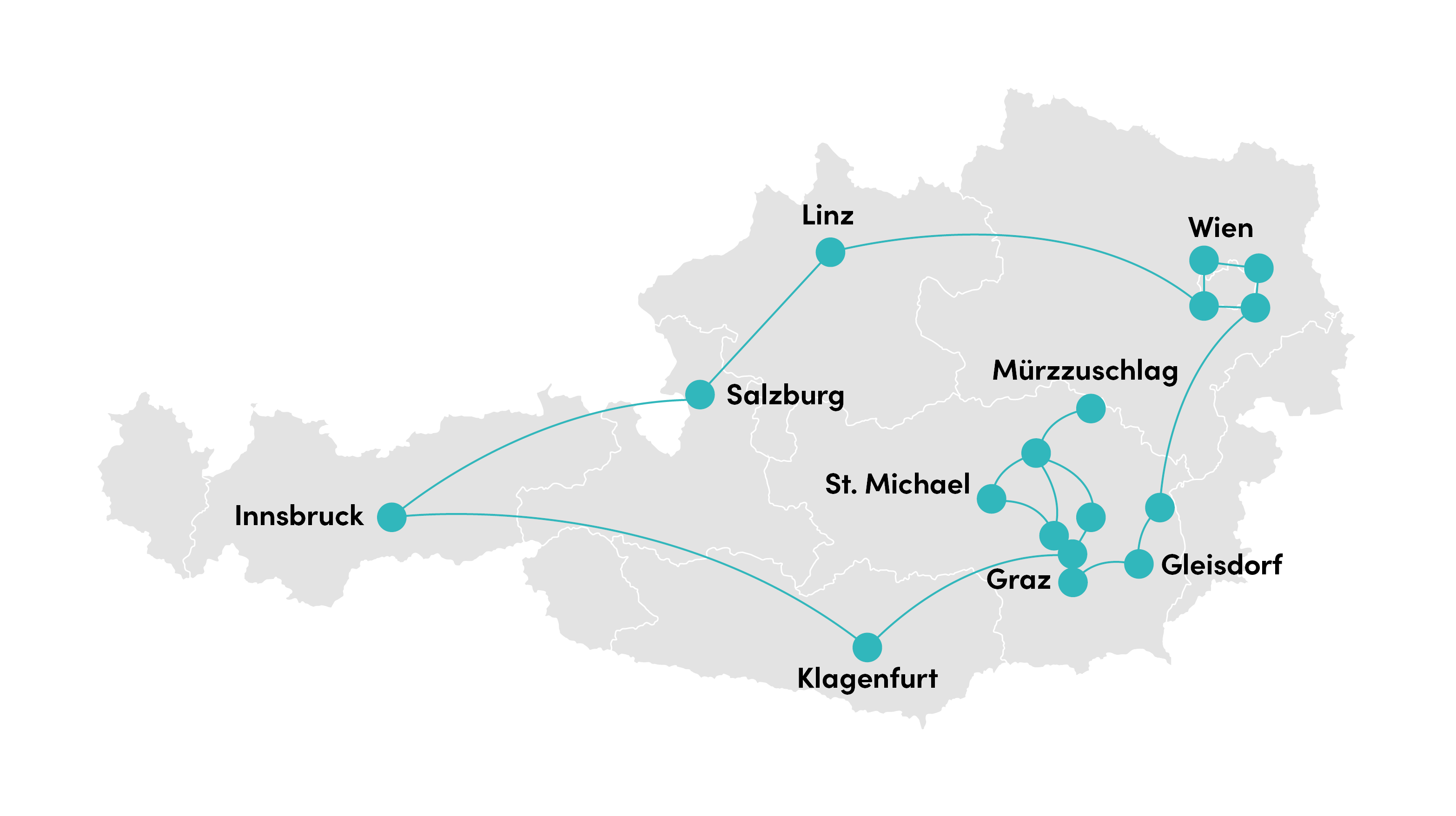 Citycom Karte von Österreich, die Vernetzungspunkte zeigt.